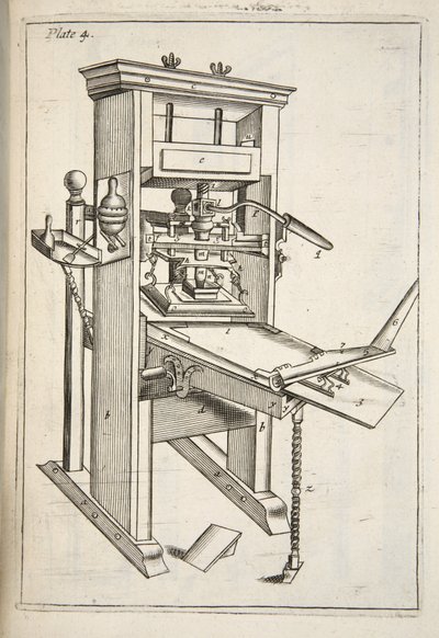 The Printing Press, fra Mechanick Exercises: or The Doctrine of Handy-Works used to the Art of Printing, pub. 1683 af English School